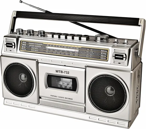 Vista 12 de Boombox portátil estilo retro clásico de los años 80 con reproductor grabador de casete, radio AM/FM/SW1/SW2, Bluetooth, ranuras USB/Micro SD