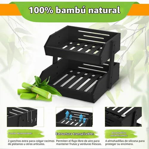 Vista 2 de Gmtsl Cesta de frutas de bambú para cocina, frutero de 2 niveles para encimera de cocina, soporte grande para frutas con 2 ganchos para plátanos