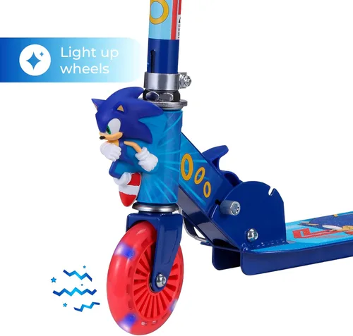 Vista 3 de Monopatín de 2 ruedas con ruedas que se iluminan – Plegable, plataforma antideslizante, cómodo y suave para andar Sonic el erizo