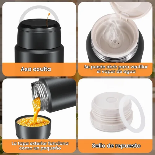Vista 5 de Tarro de comida aislado de acero inoxidable, paquete de 2 unidades para trabajo y viajes, color negro Vacuum insulated thermos keeps soup/pasta