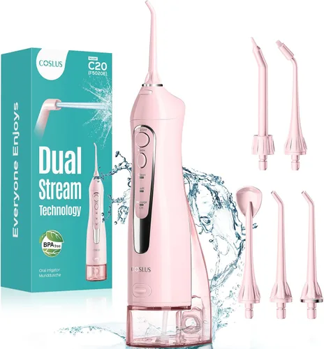 Vista 13 de COSLUS Hilo Dental de Agua: Irrigador Oral Portátil Inalámbrico 300ML Recargable Limpiador de Viaje IPX7 Impermeable Máquina de Hilo Dental