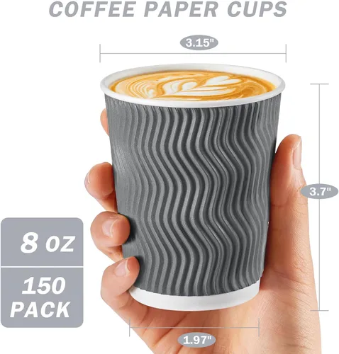 Vista 2 de Tazas de café Clawsoff 8 onzas 150 unidades, Tazas de papel desechables onduladas con pared corrugada y aisladas para café 8 OZ, Para llevar