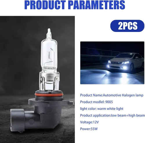 Vista 2 de Pack-2 Bombillas Halógenas para Automóvil 9005, Lámpara de Cuarzo de 55W 12V, Reemplazo de Luz Antiniebla de Haz Bajo/Alto Súper Brillante, Bombilla