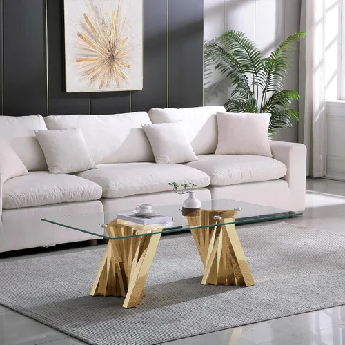 Vista 18 de Mesa de centro de vidrio templado de 31.5 pulgadas, moderna mesa de té dorada de 2 niveles con estante inferior, mesas centrales de lujo con marco