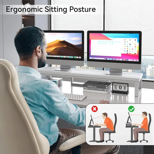 Vista 2 de IBUYKE Soporte elevador grande para monitor doble para 2 monitores, soporte de madera para monitor de computadora de escritorio, estante de Blanco