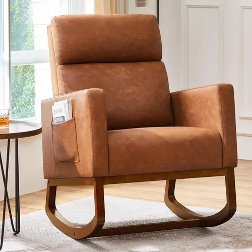 Vista 11 de Yaheetech Mecedora, moderna silla deslizante, sillón reclinable con patas de madera y bolsillo lateral, silla mecedora para guardería con respaldo