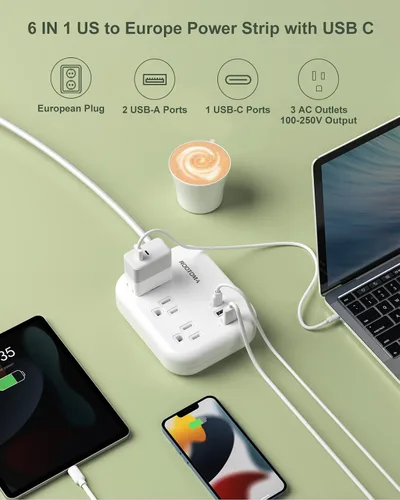 Vista 2 de Adaptador de enchufe de viaje europeo con USB C, adaptador de salida ROOTOMA de EE. UU. a Europa, 3 tomas de corriente, 3 puertos USB, regleta
