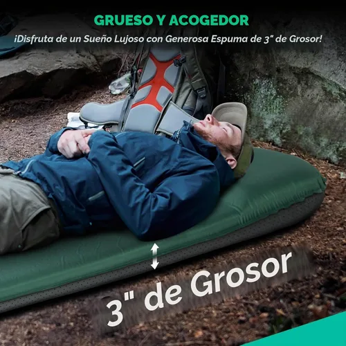 Vista 2 de Hikenture Colchoneta de dormir autoinflable para campamento, almohadilla de campamento ultra gruesa de 3 pulgadas con almohada, colchón de Verde