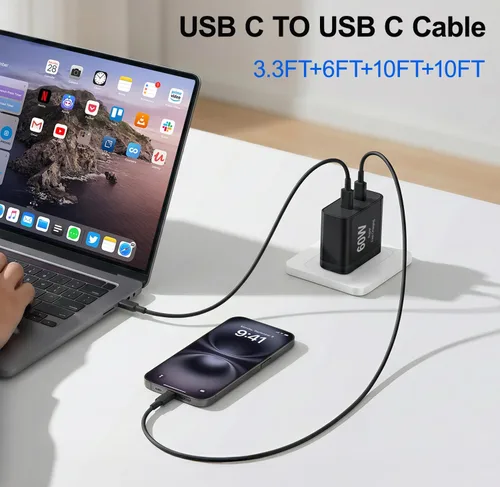 Vista 4 de Cargador para iPhone 17, 45 W de carga rápida USB C de doble puerto con cable de carga tipo C de 3/6/10/10 pies, adaptador rápido PD 3.0 para iPhone