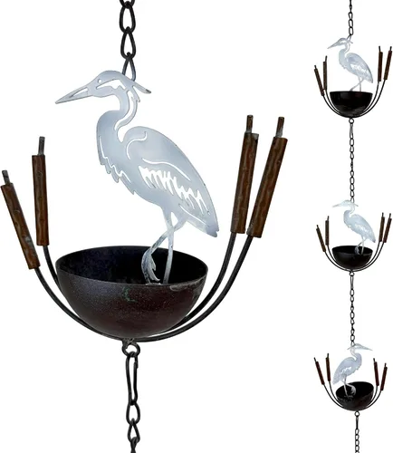 Vista 13 de Cadena de lluvia de metal de 85 pulgadas con 7 pájaros cardenales rojos tridimensionales, acabado marrón rústico, campana pesada en la parte