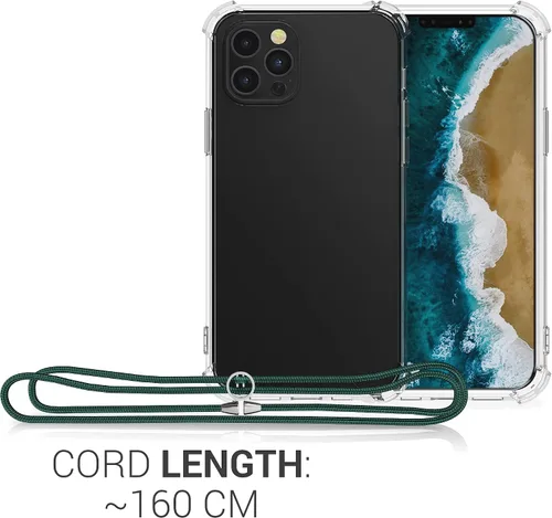 Vista 3 de kwmobile Funda cruzada compatible con Apple iPhone 12 Pro Max, funda transparente de TPU con correa de cable, color verde oscuro/transparente