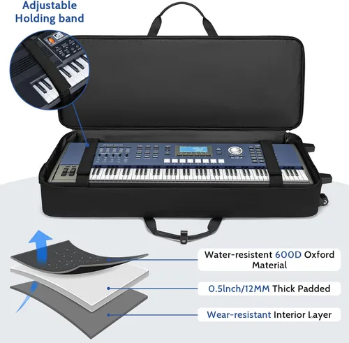 Vista 3 de BOSSTIN Funda para teclado de 61 teclas con ruedas, bolsa de piano rodante 61 Llave azul