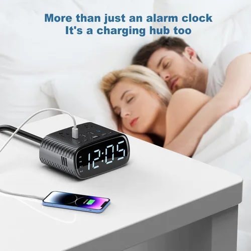 Vista 2 de Sussex Reloj despertador con 2 USB-C, 2 cargadores USB-A, 2 tomas de corriente, 2 tomacorrientes, pantalla LED, reloj digital regulable con función