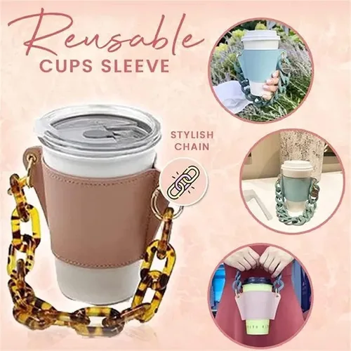 Vista 4 de Soporte de cuero de lujo para bebidas con mango de bebidas, soporte reutilizable para tazas de café de viaje, soporte de taza de cadena de metal