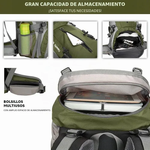 Vista 4 de Mochila de 70 L para Camping, Senderismo, Escalada al Aire Libre con Funda Impermeable para Lluvia