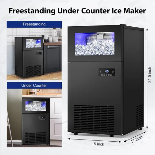 Vista 5 de Máquina de hielo comercial de 130 libras/24H con capacidad de hielo de 35 libras, máquina de hielo mejorada de 15 pulgadas de ancho bajo mostrador
