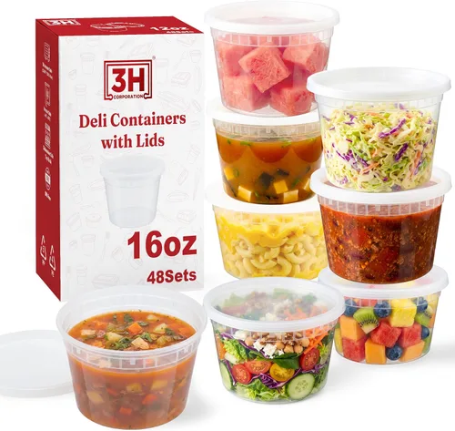 Vista 12 de Recipientes de plástico de 8 onzas con tapas (48 juegos/96 piezas) recipientes de sopa de plástico sin BPA con tapas, aptos para microondas
