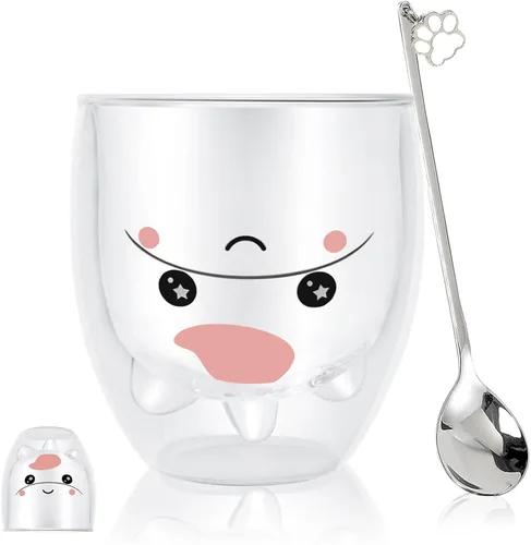 Vista 15 de Binoster Tazas Lindas de Oso Kawaii de Vidrio de Doble Pared para Café y Té, Taza de Yogur Divertida, Regalo Novedoso para Mujeres, Sus Amigas