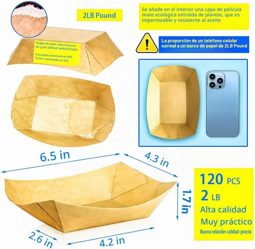 Vista 2 de Paquete de 120 bandejas de papel desechables de 2 libras de papel para barcos, bandeja de servir comida kraft, cestas para aperitivos, palomitas