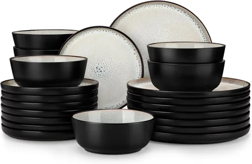 Vista 10 de vancasso Juego de platos y cuencos, juego de vajilla de gres de 18 piezas para 6, juego de platos de cocina de gres apto para microondas y Marrón
