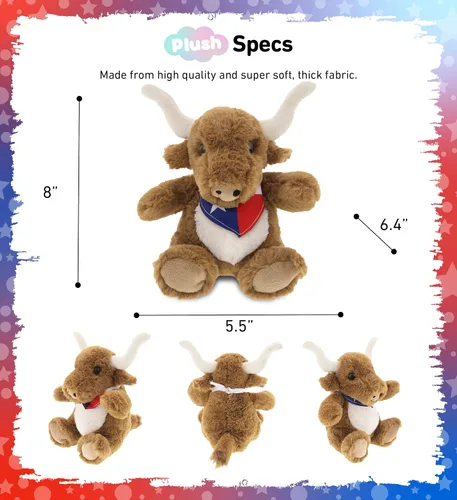 Vista 3 de DolliBu Texas Longhorn - Lindo animal de peluche de animales de granja con bandana de bandera de Texas, juguete de vaquero de Texas de cuerno largo