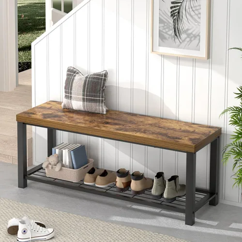 Vista 14 de EXCEFUR Banco de entrada, moderno banco de almacenamiento de madera y metal para pasillo, puerta delantera, zapatero industrial para interiores