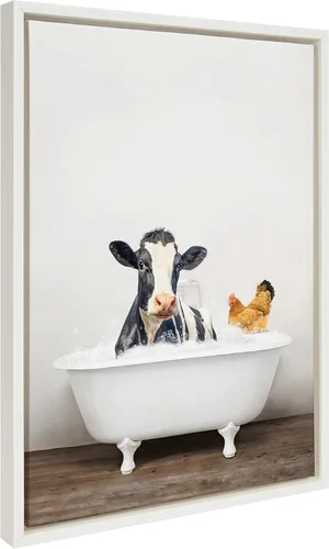 Vista 7 de Kate and Laurel Sylvie - Lienzo enmarcado con diseño de vaca y pollo en baño rústico por Amy Peterson Art Studio, dorado de 18 x 24 pulgadas, arte