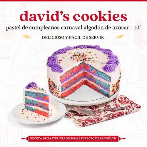 Vista 2 de David's Cookies Pastel de Cumpleaños Carnival de Algodón de Azúcar de 10" - Postre Fresco de Panadería en Capas para Entrega - Precortado