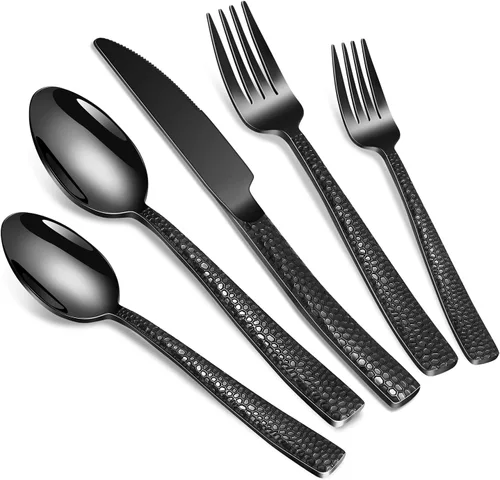 Vista 9 de Juego grande de utensilios de servir para anfitriona, cucharas de servir martilladas de acero inoxidable resistentes, cucharas ranuradas, tenedor