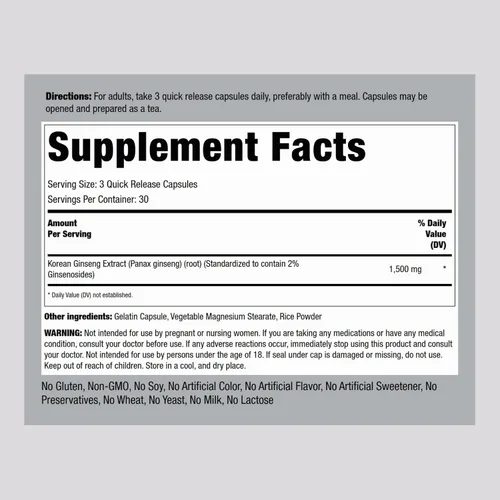 Vista 2 de Piping Rock Suplemento coreano de ginseng Panax 1500 mg 90 cápsulas Fórmula sin OMG y sin gluten