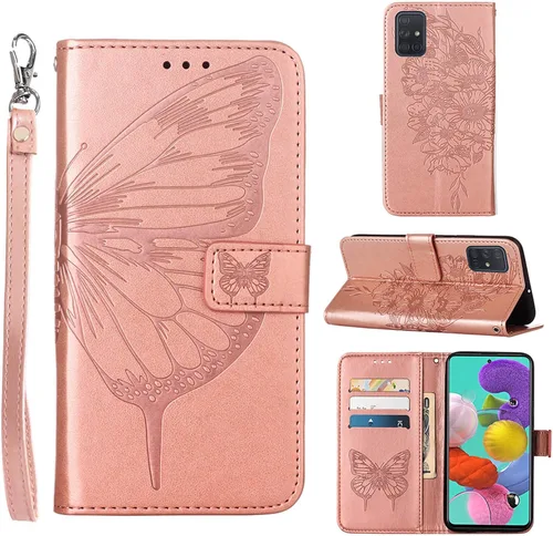 Vista 10 de para Samsung Galaxy A51 Case Wallet Flip Cover (Negro) Butterfly Floral Embossed Pattern, Wrist Strap, PU Leather, Card Holder Slots, Cash Pocket