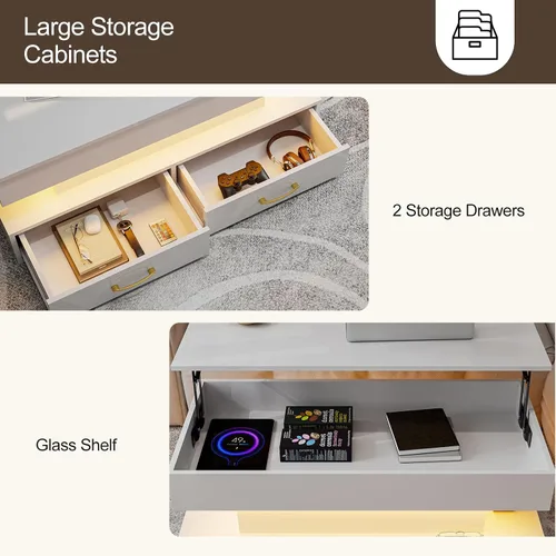 Vista 7 de IKIFLY Moderna mesa de centro LED elevable, alto brillo con compartimento oculto y 2 cajones, parte superior elevadora para sala de estar