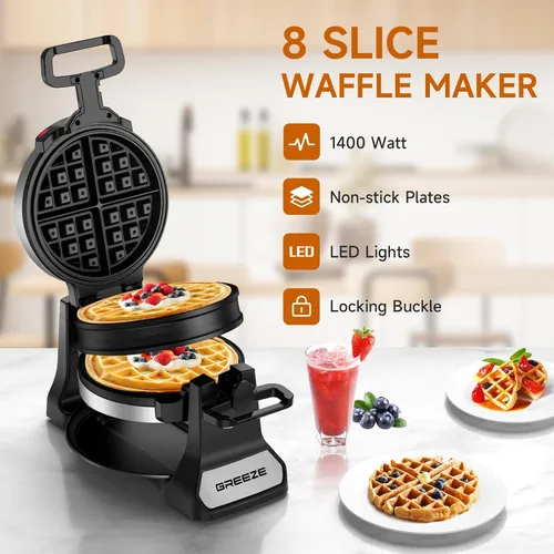 Vista 2 de Waflera, Waflera Belga Doble con Giro de 180°, Plancha para Wafles de 1400W para 8 Rebanadas, Placas Giratorias y Antiadherentes con Bandeja