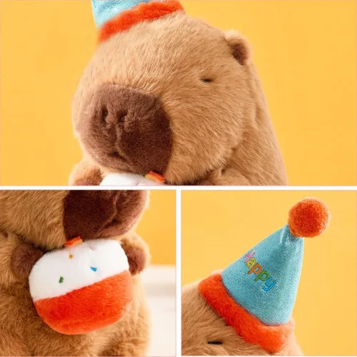 Vista 6 de Peluche de Capibara con Sombrero de Cumpleaños Azul y Lazo de 9 Pulgadas, Lindo Animal de Peluche Suave para Fiestas, Decoración de Fiesta, Juguetes
