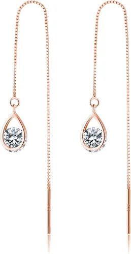 Vista 9 de Reffeer Solid 925 Sterling Silver CZ Droplet Chain Dangle Earrings for Women Teen Girls Tassel Dangle Earrings Threader A-Plata