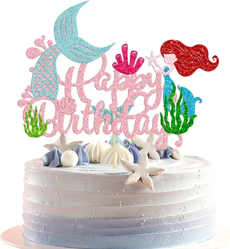 Vista 13 de Gyufise 1 pieza de decoración de pastel de sirena de feliz cumpleaños con purpurina de animales del océano, conchas marinas, cola de sirena
