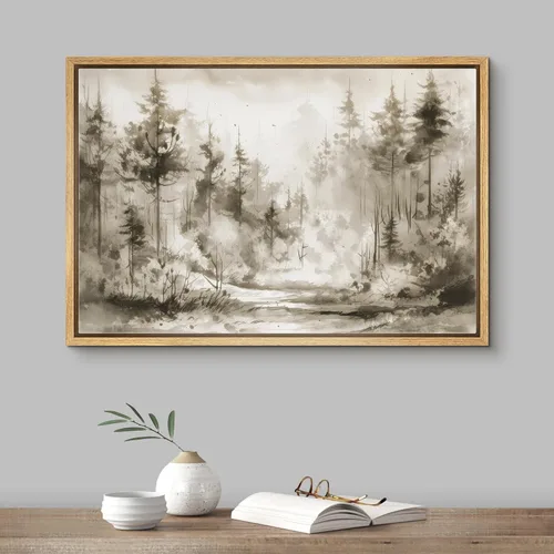 Vista 2 de SIGNFORD Lienzo enmarcado para pared, pinos sepia, bosques, bosques, naturaleza, ilustraciones de área silvestre, arte digital, arte moderno