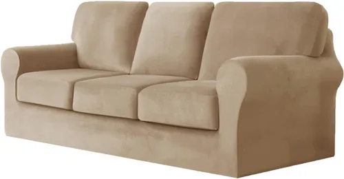 Vista 19 de vctops Funda elástica de terciopelo para sofá de 3 plazas, 7 piezas, suave, lavable, con respaldo individual y fundas de cojín para niños, gatos
