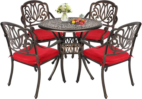 Vista 7 de TITIMO Juego de comedor de 5 piezas de aluminio fundido para patio al aire libre, 4 sillas con patrón y mesa redonda de 35.4 pulgadas, juego de Sin