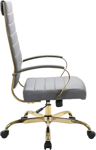 Vista 5 de LeisureMod Silla de oficina moderna de cuero con respaldo alto, silla de escritorio ejecutiva giratoria y ajustable con marco dorado, diseño Gris