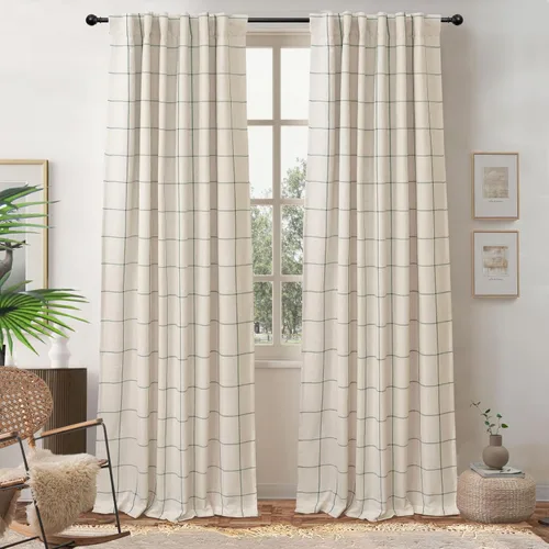 Vista 10 de DriftAway 2 paneles cortinas de lino a cuadros 100% opacas de doble capa cortinas para dormitorio de 96 pulgadas de largo estilo granja con Gris