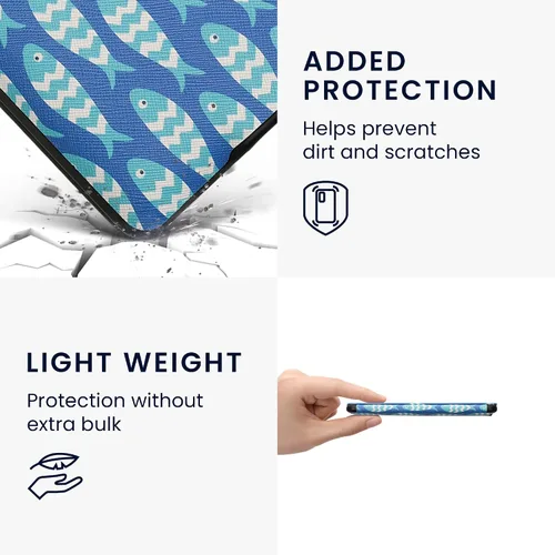 Vista 4 de kwmobile Funda compatible con Amazon Kindle PaperWhite - Funda para lector electrónico - Azul pez pequeño/azul claro/blanco