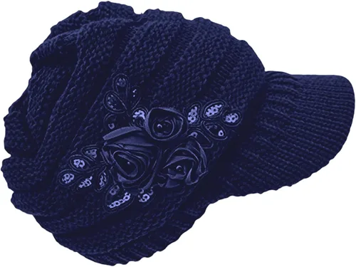 Vista 47 de C-US - Gorro de punto cálido para mujer, con visera de ganchillo con acento de flores