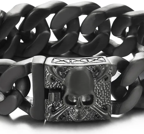 Vista 2 de COOLSTEELANDBEYOND Pulsera de cadena de acero cepillado vintage grande para hombre con flor de lis y calavera