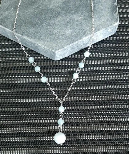 Vista 5 de Natural Crystal Bead Aquamarine Stone Y Shaped Lariat Necklace Non-Tarnish Steel Chain