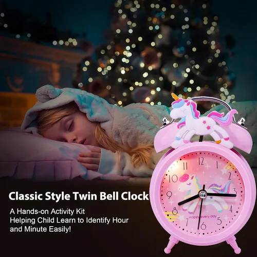 Vista 4 de QearFun Reloj despertador de unicornio para niñas y niños, bonita decoración de dormitorio, segunda mano silenciosa sin tictac, con retroiluminación