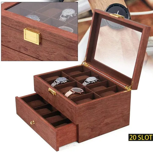 Vista 7 de Caja de reloj con 20 ranuras para reloj, 2 capas, con tapa superior de acrílico, organizador de relojes para hombres y mujeres, palo de rosa