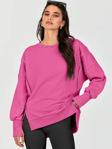 Vista 3 de Caracilia Sudadera de gran tamaño para mujer, cuello redondo, manga larga, sudadera con capucha, ropa de otoño a la moda