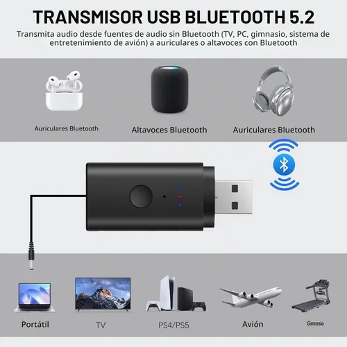 Vista 4 de Transmisor Bluetooth V5.2 para TV, transmisor de audio inalámbrico de doble Compatible con auriculares Airpods, adaptador Bluetooth de 0.1 in