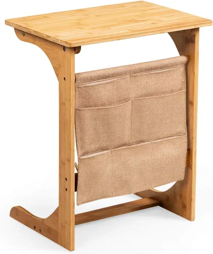 Vista 9 de Tangkula Bandeja de TV de bambú para sala de estar, mesa auxiliar de sofá, mesa auxiliar de aperitivos con bolsa de almacenamiento, mesa auxiliar